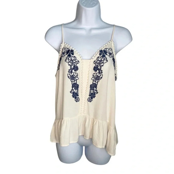 Embroidered Cream & Blue Floral Tank Top Boho Chic, Adjustable Spaghetti Straps - Picture 3 of 7